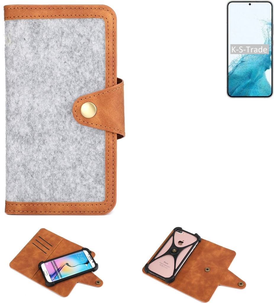 K-S-Trade Handyhülle kompatibel mit Samsung Galaxy S22+ Exynos Schutzhülle Filz-Hülle Kunst-Leder hellgrau braun (1x)