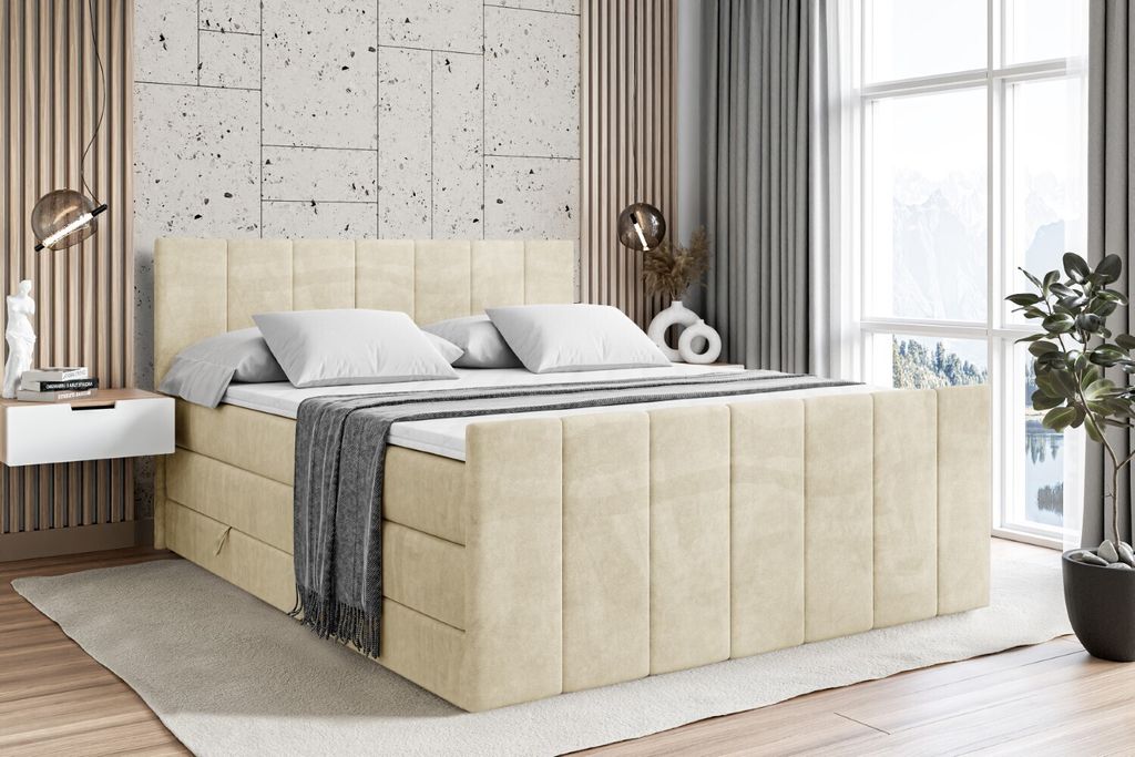 ALTDECOR Boxspringbett mit Fußteil, 2 Matratzen und Topper - 160x200 cm - MOETI-Z KING - Beige Samt - Polsterbett mit, H3- und H4- Matratzen, Bett...