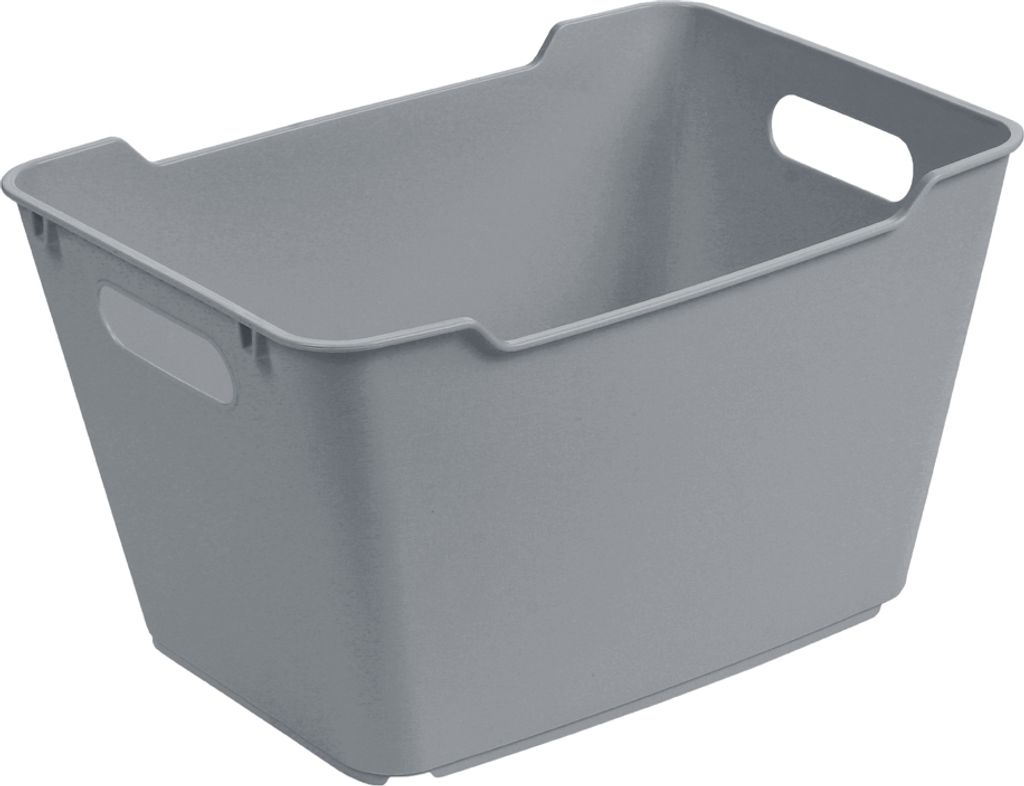 A gray storage bin with handles is shown against a white background.
