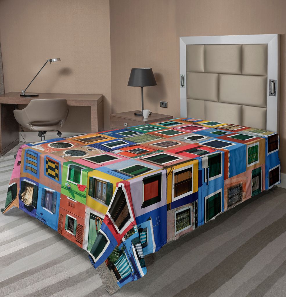 ABAKUHAUS Bunt Bettlaken, Mediterrane Dorf bunte gemalte rustikale Windows toskanische Collage Italien Kunst, weiches bequemes oberes Bettlaken fü...