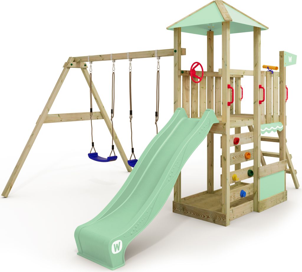WICKEY Spielturm Klettergerüst Smart Savana mit Schaukel & Rutsche, Spielhaus mit Kletterleiter & Spiel-Zubehör – pastellgrün