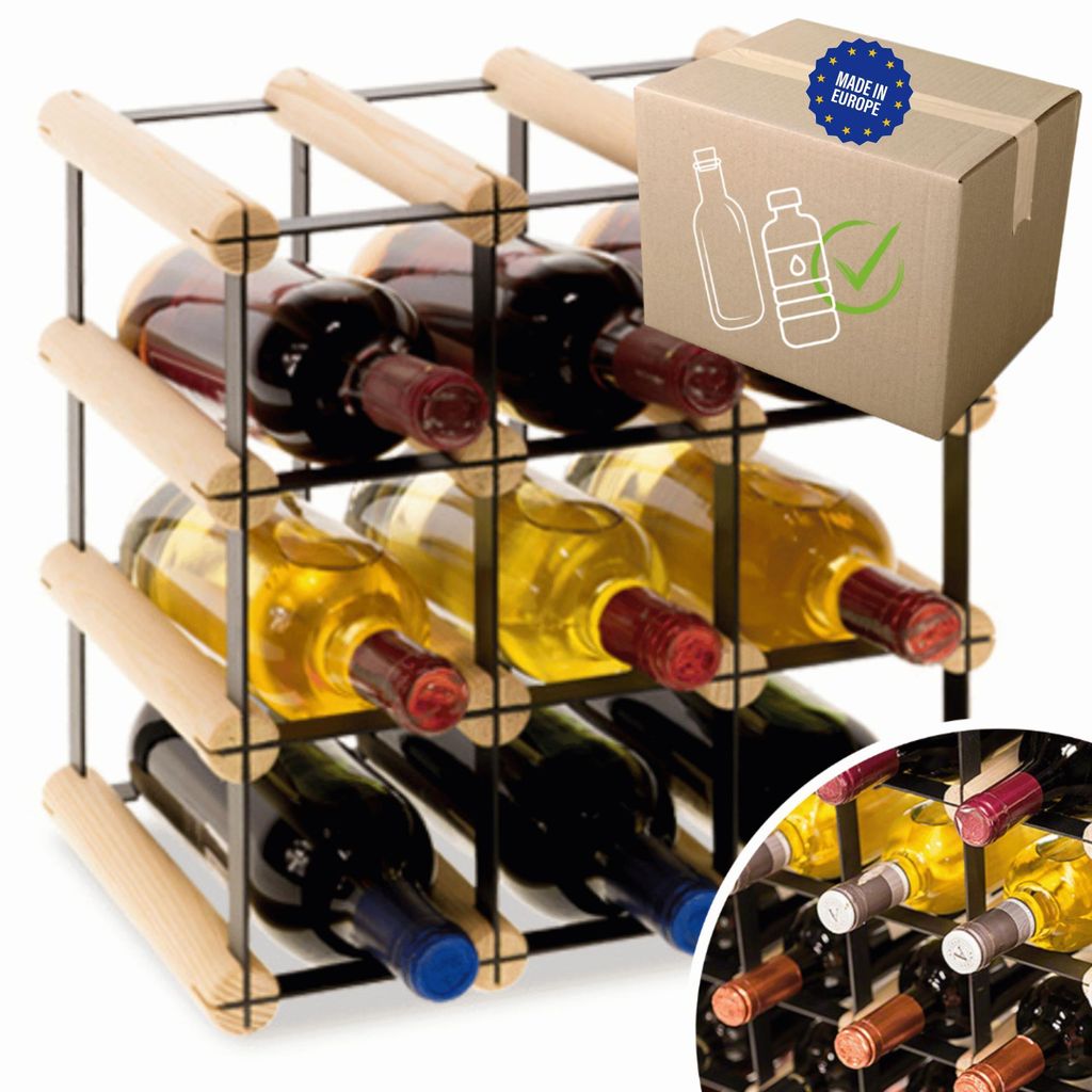 MODO24 Weinregal, 9 Flaschen, Flaschenhalter, Weinständer, Erweiterbar, Holz Metall, Industrial Loft, Küche, 32,5x32,5x25 cm, Natur, RW8
