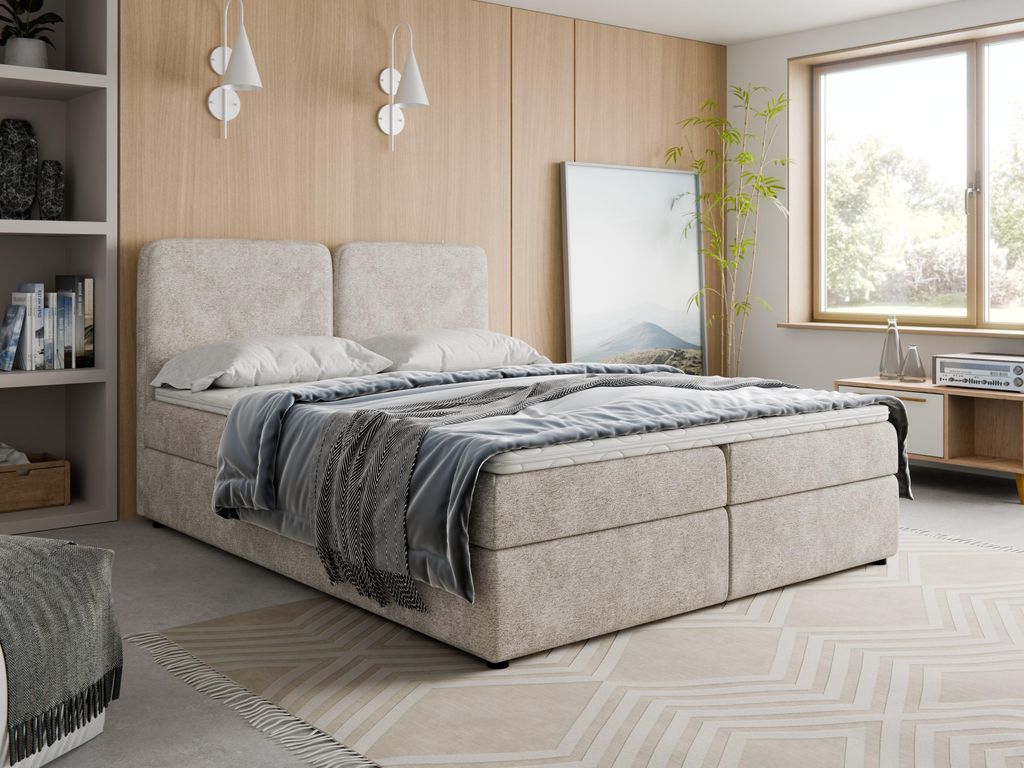 Boxspringbett 160x200 BOHO Bouclé Beige inkl. Topper, 2 Matratzen & 2 Bettkästen | Hotelbett Polsterbett Design-Kopfteil & Lieferung in die Wohnung