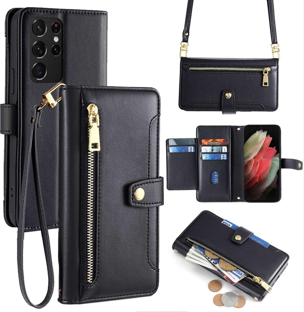 Handykette Samsung Hülle mit Band Handyhülle Kartenfächer Kunstleder Umhängetasche Galaxy S21 Ultra Schwarz