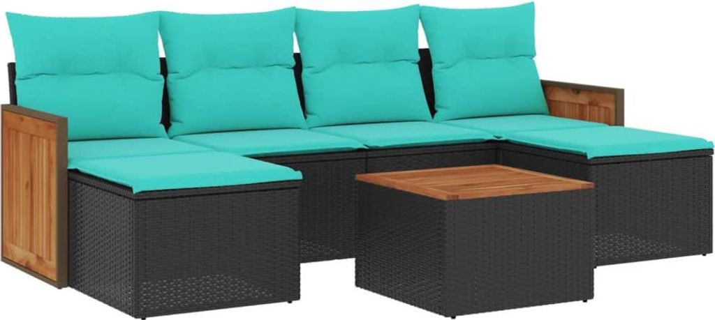 vidaXL 7-tlg. Garten-Sofagarnitur mit Kissen Schwarz Poly Rattan