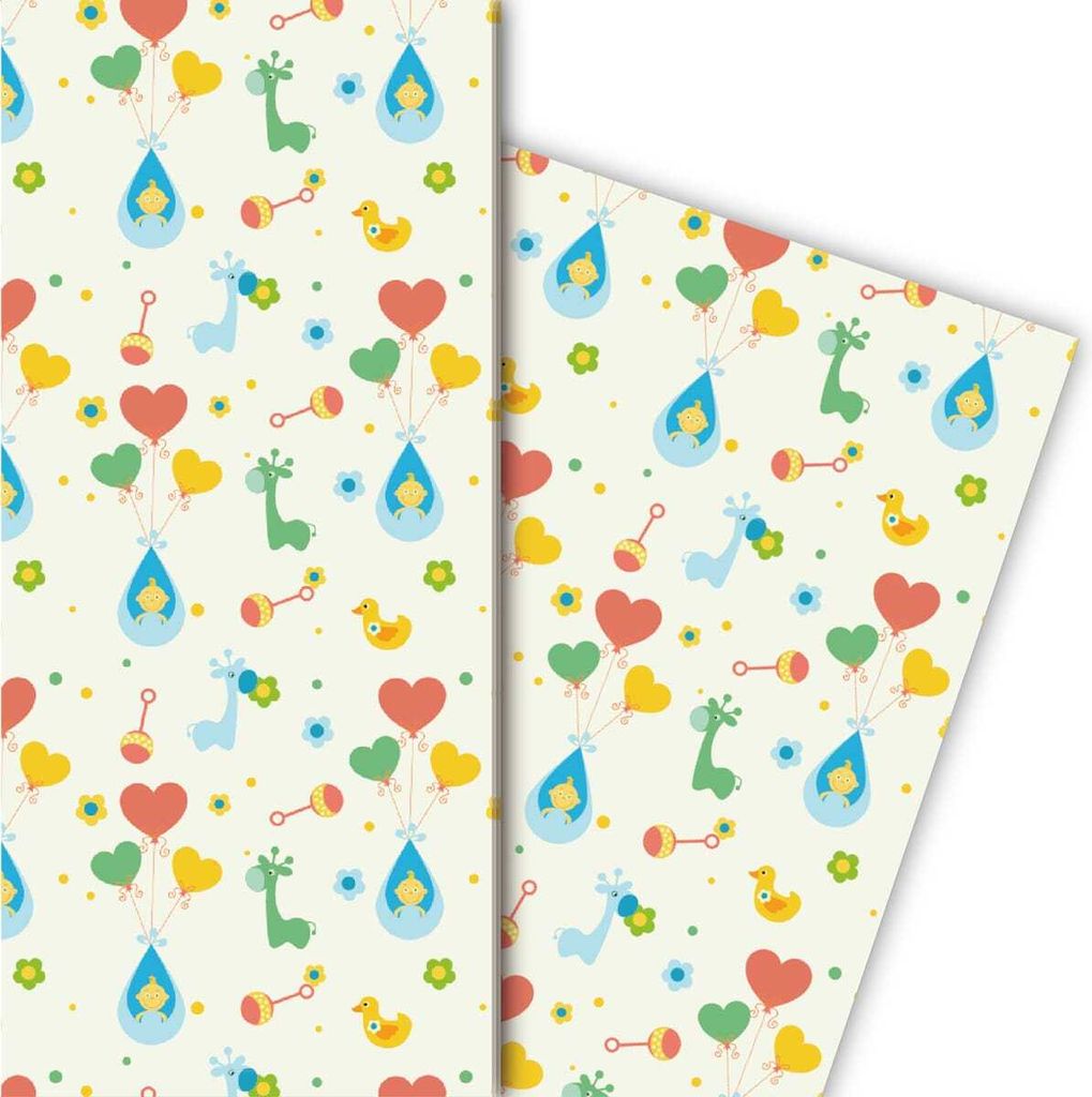 Süßes Jungen Baby/ Geburts Geschenkpapier auf hellgelb - G5110, 32 x 48cm