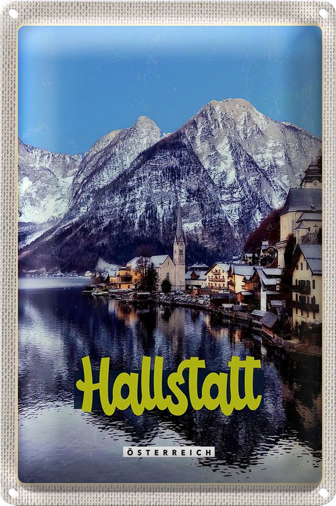 Blechschild Reise 40x30cm Hallstatt Österreich Berge Winterzeit