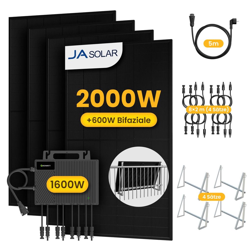 Powerness Balkonkraftwerk, 4x JA Solar 500W Bifazial Module und Growatt NEO 1600M-X2 Mikro-Wechselrichter, 8x MC4 Kabel, 4x Balkon/Garten-Halterung