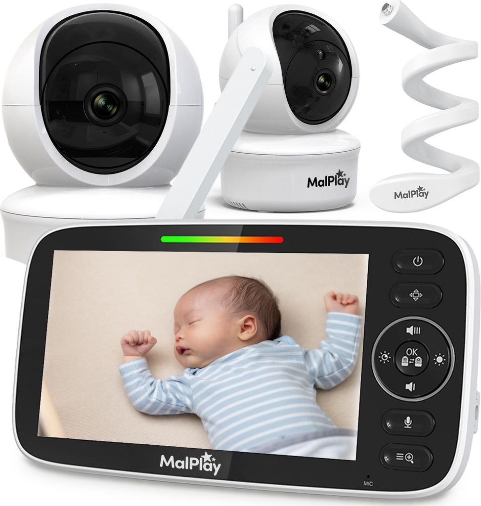 A collage of a baby monitor system, including the parent unit with a baby on screen, and two camera units, one with a flexible stand.