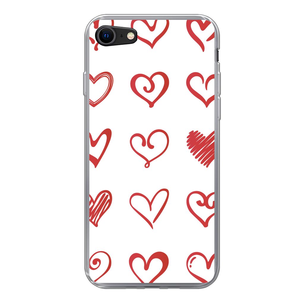MuchoWow Handyhülle Schutzhülle Hülle für iPhone SE 2022 Eine Illustration mit Herzen in verschiedenen Formen Silikon Softcase Handy Hülle -...