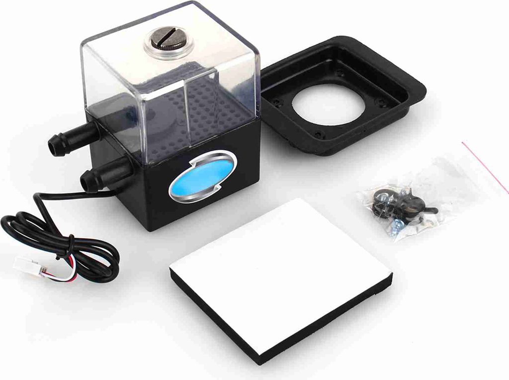 A computer water cooling pump and reservoir unit with accessories, laid out on a white background.