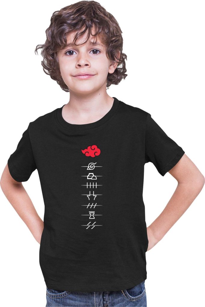 Kinder T-Shirt Japan Anime Manga Naruto Akatsuki Members Village Symbols, 7-8 Jahr - 128 / Schwarz