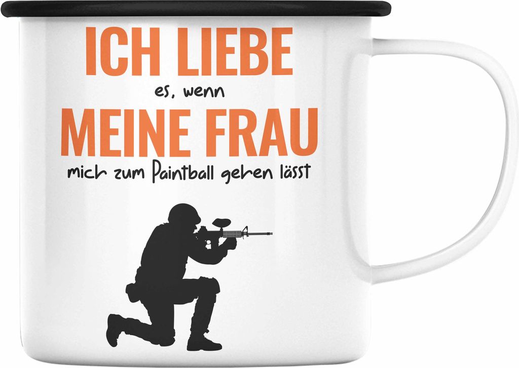 Trendation - Paintball Emaille Tasse Geschenk Männer Paintballspieler Geschenkidee Lustig (Schwarz)
