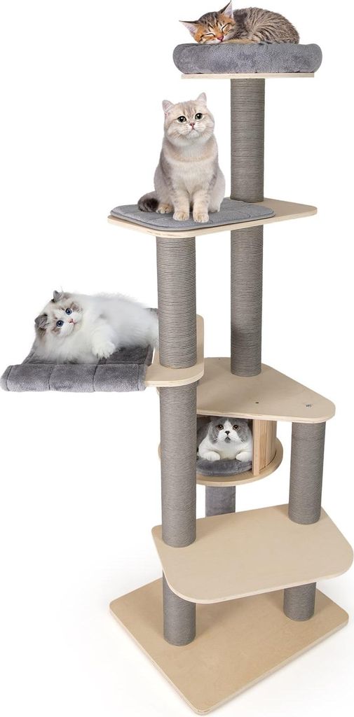 197 cm hoher, mehrstufiger Katzenkratzbaum mit Hängematte, Grau