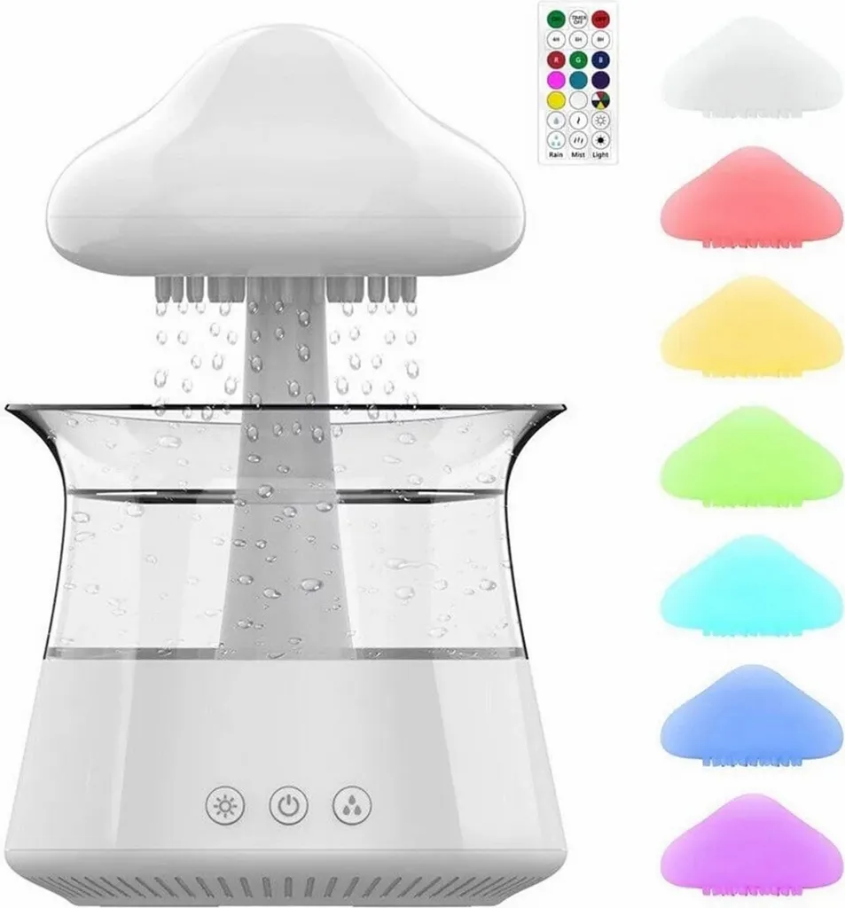Diffuseur de brume nuage avec effet goutte de pluie et veilleuse LED 7 couleurs
