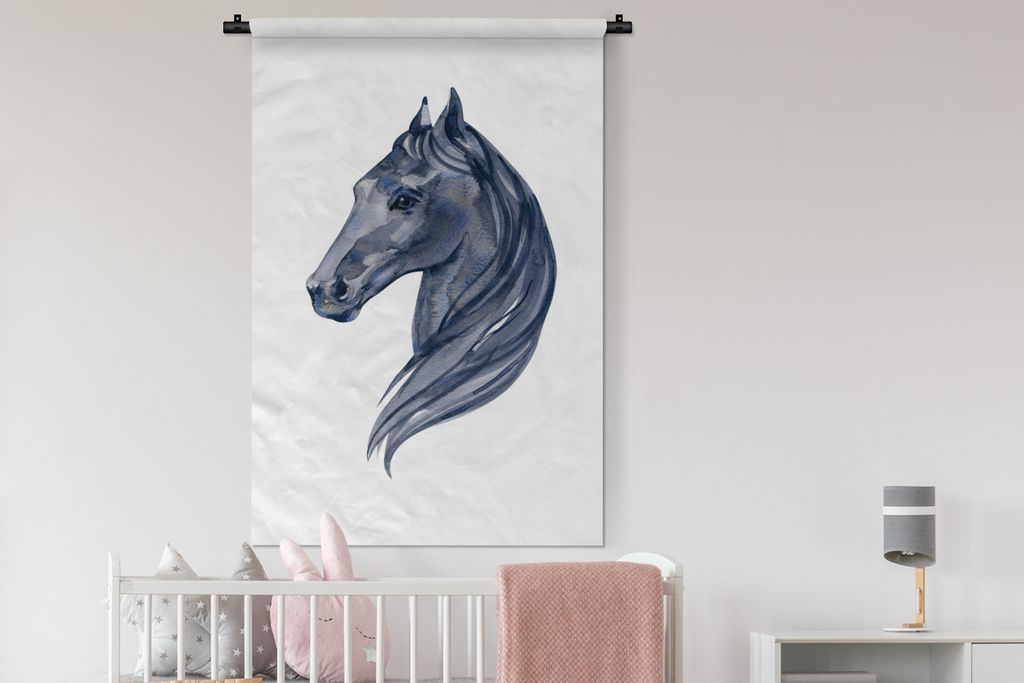 MuchoWow Wandteppich Wandbehang Pferd - Aquarell - Schwarz - Mädchen - Kinder - Mädchen 90x135 cm Tapisserie Dekoration Wandtuch - Baumwolle - ...