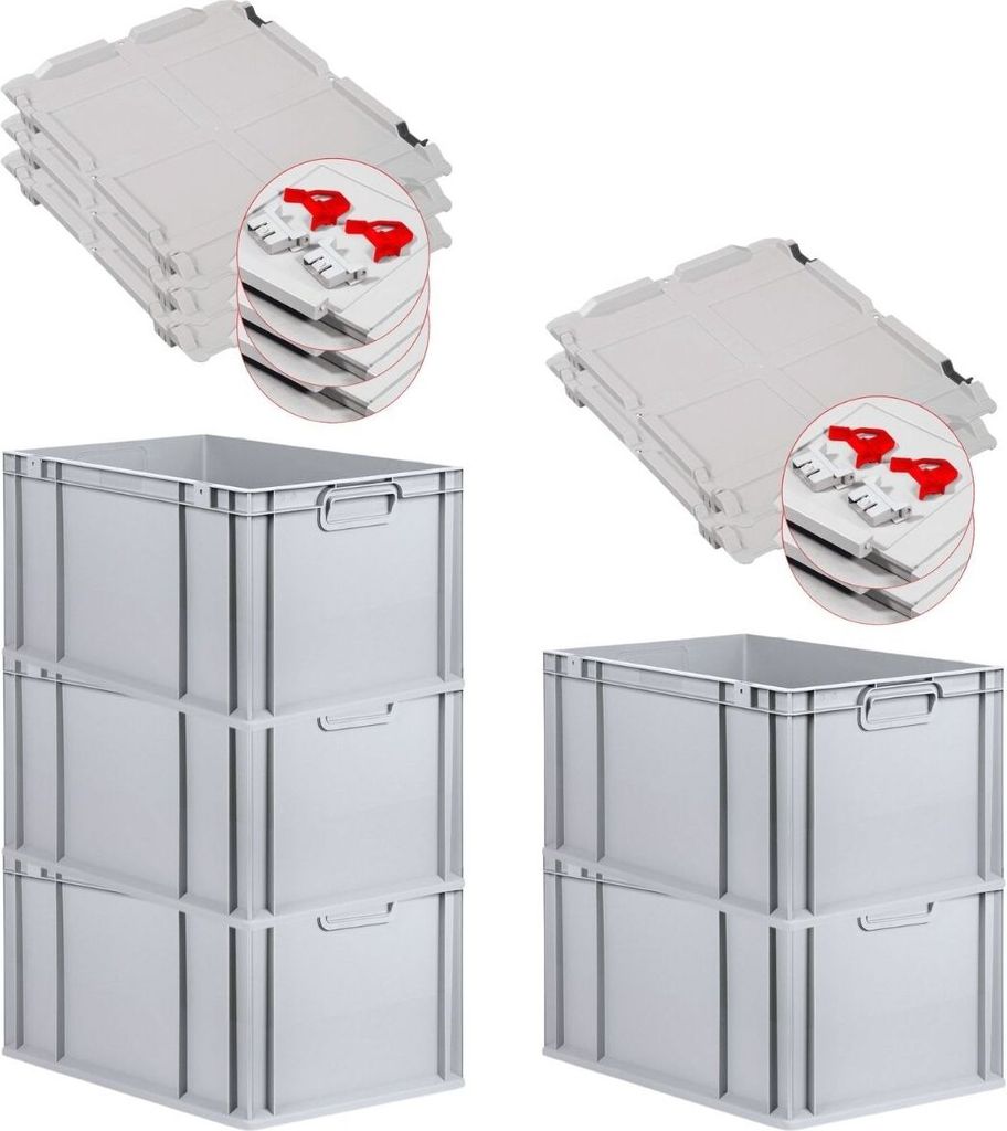 SuperSparSet 5x Eurobox NextGen Grip mit Scharnierdeckel und roten Schiebeschnappverschlüssen | HxBxT 32x40x60cm | 65 Liter | Grau | Griffe geschl...