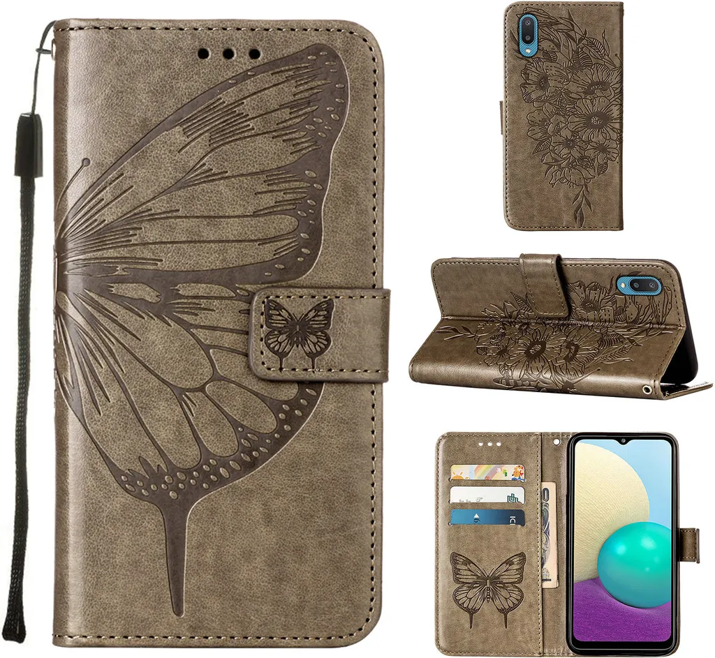 Galaxy A02 Case, Butterfly Relief Flip Custodia in pelle con slot per schede e stand per Samsung Galaxy A02 / M02 Grey