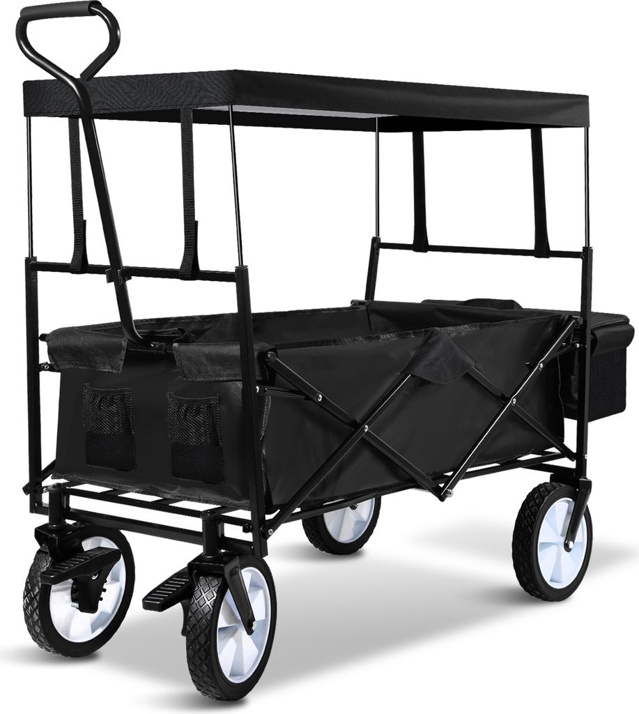 Aopunly Bollerwagen mit Dach Schwarz faltbar Handwagen Klappbar Gartenwagen Transportwagen