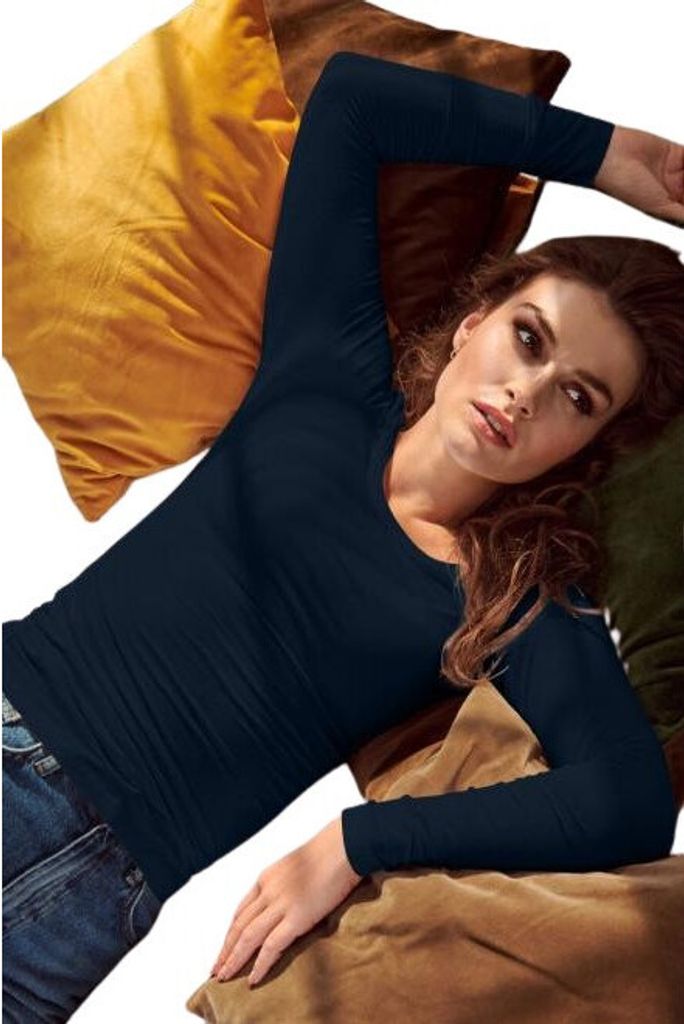 Elegantes Damen-Langarmshirt mit tiefem Ausschnitt, 95% Baumwolle, 5% Elasthan, unbedruckt, einfarbig, 160g/m2, Farbe dunkelblau, Größe L