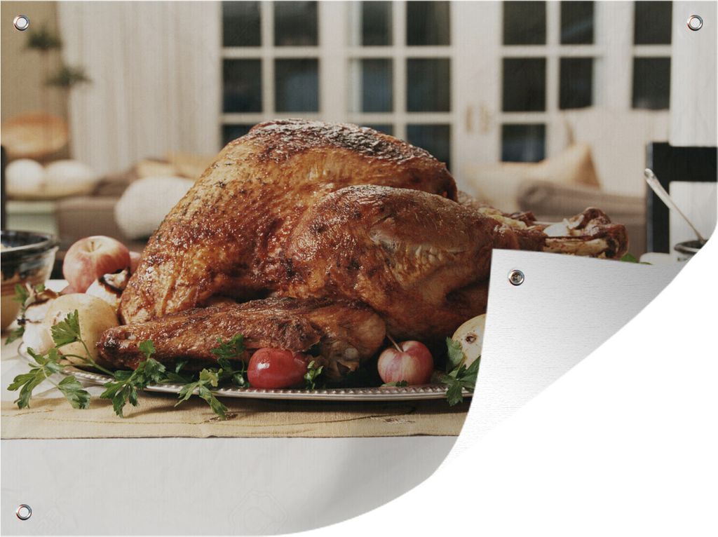 MuchoWow 80x60 cm Outdoor-Poster Gartendeko Sichtschutz Garten Poster für den Garten Ein gebratener Truthahn auf dem Tisch für das Thanksgivin...
