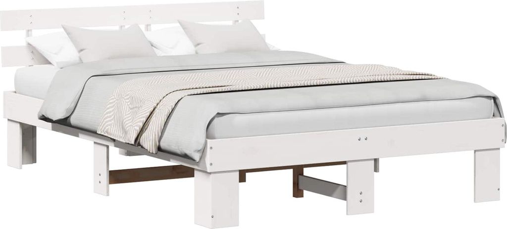 Bettrahmen mit Kopfteil Weiß 150 x 200 cm Massives Kiefernholz