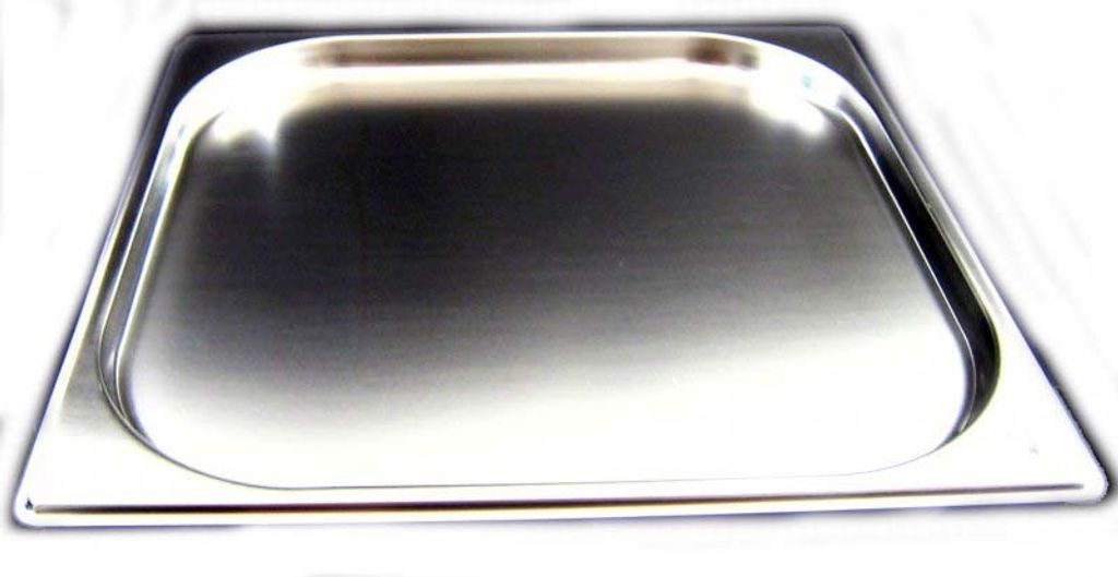 A close-up, slightly angled view of an empty stainless steel food pan, often referred to as a Gastronorm container.