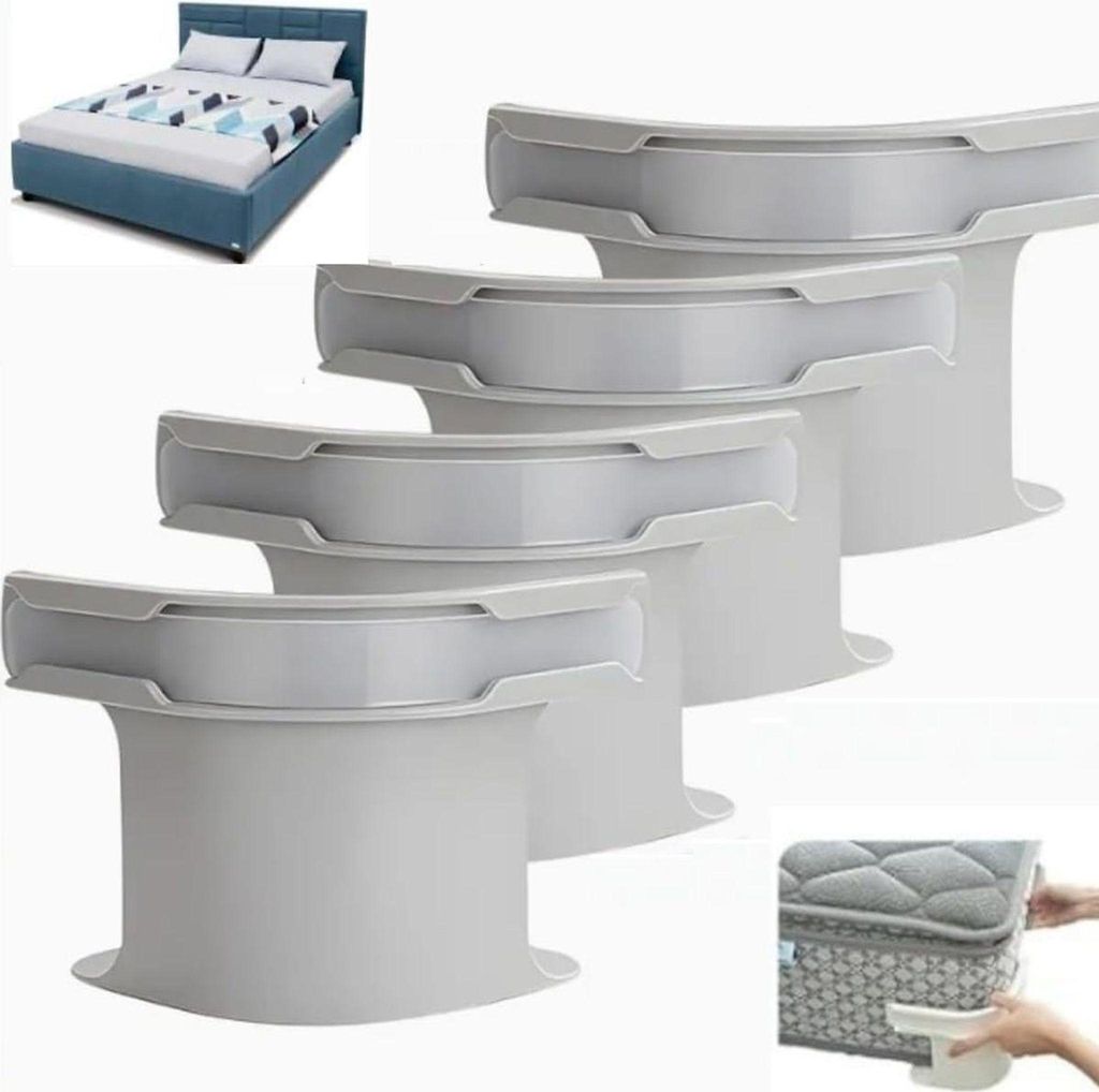 A collage of product images showing a bed, multiple bed sheet holders, and a close-up of a bed sheet holder being attached to a mattress.