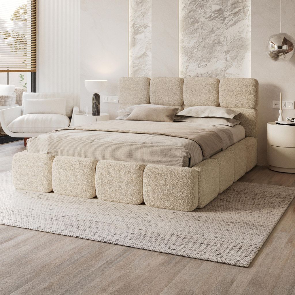 FDM Bett CLOUDY Cleo 140x200 cm Polsterbett mit Lattenrost aus Metall Bettkasten Stauraumbett creme