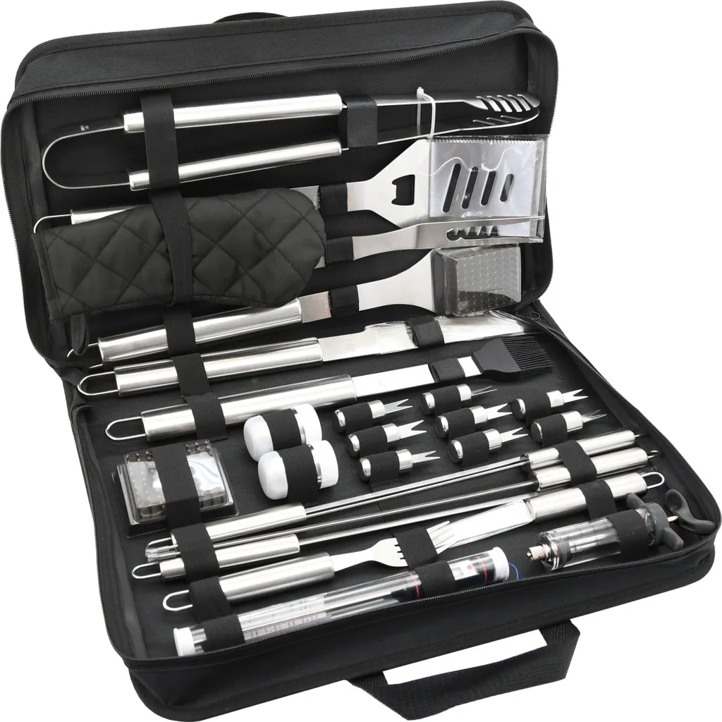 Mallette de 27 ustensiles barbecue inox pour grillades et jardinage été