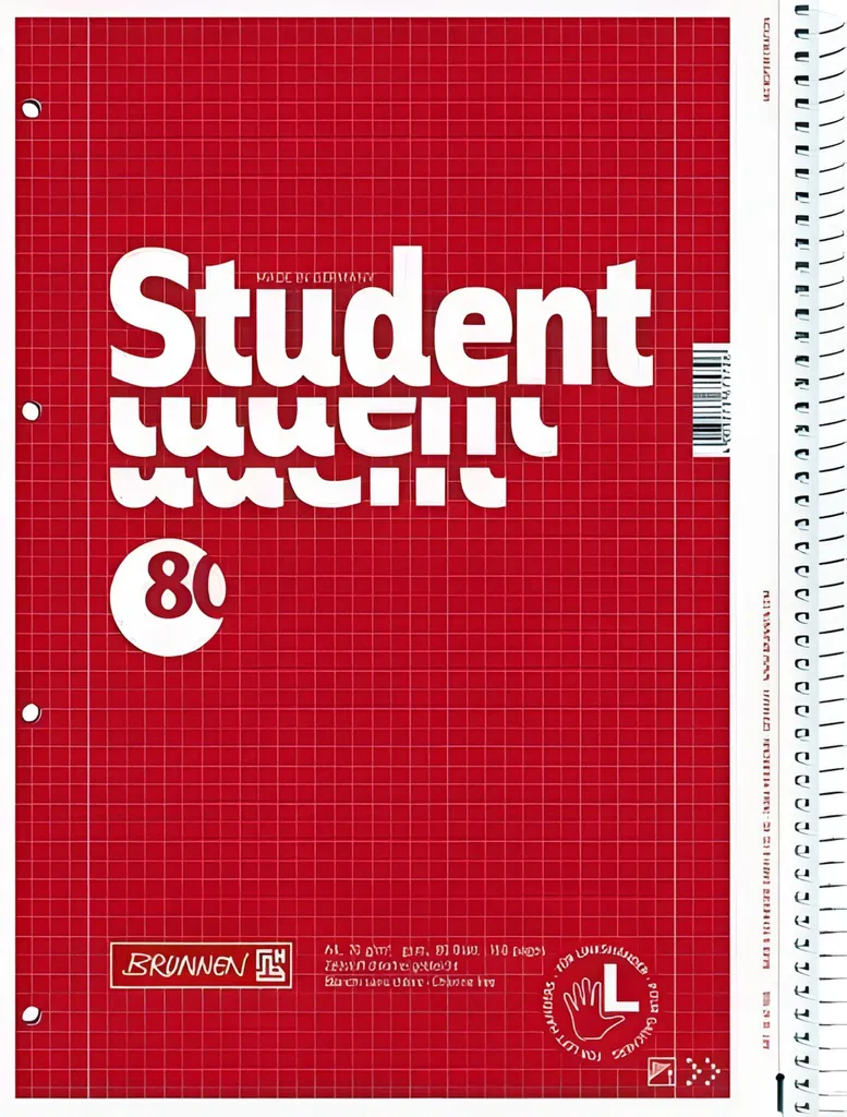 Cahier à spirale pour gaucher A4 quadrillé BRUNNEN Student lignage 28