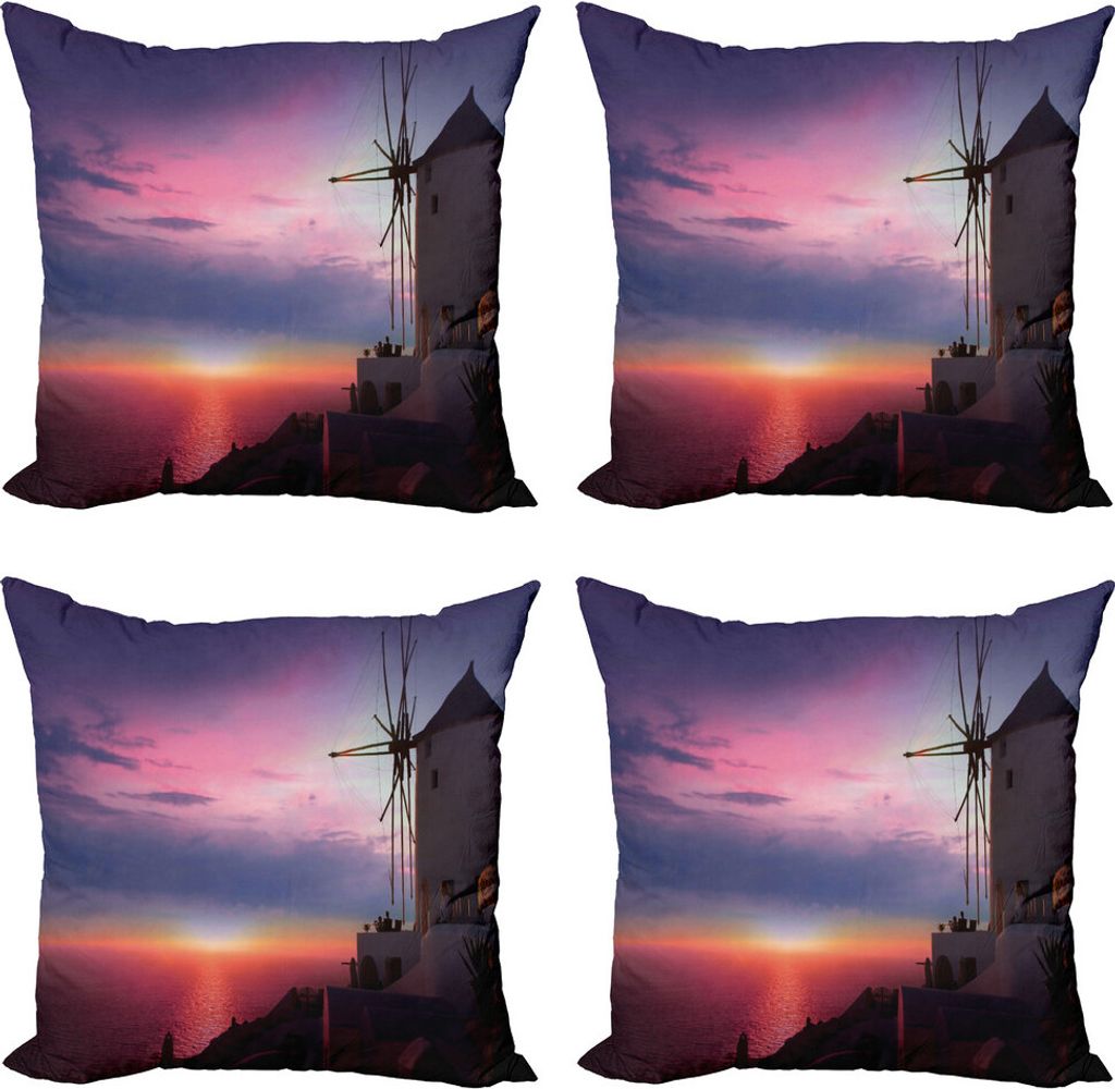 ABAKUHAUS Windmühle Kissenbezug Set (4 Stück), Greek Village Aegean, Moderner Doppelseitiger Digitaldruck, 40 cm x 40 cm, Mehrfarbig