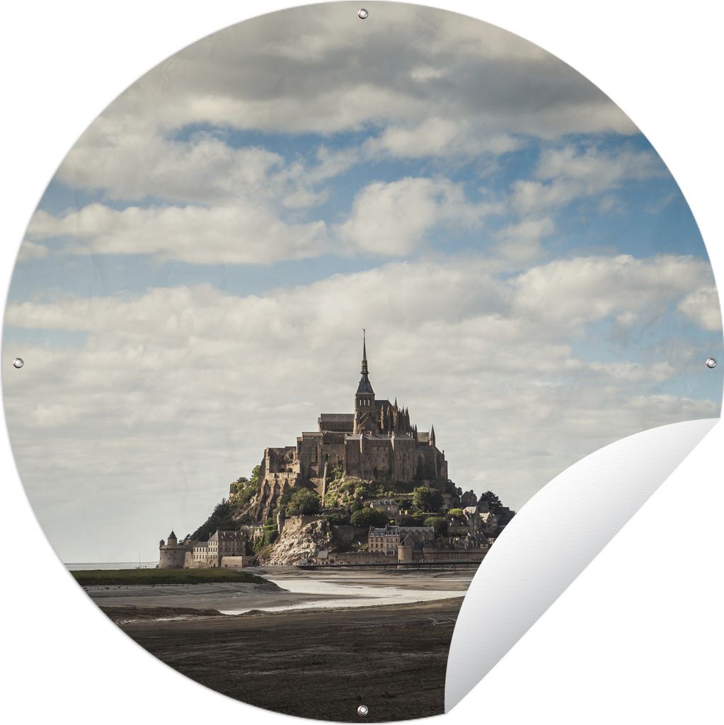MuchoWow Gartenposter Outdoor-Poster Rund Die Insel Le Mont-Saint-Michel mit weißen, schwebenden Wolken Ø 60 cm Gartendeko Rundes Poster draußen