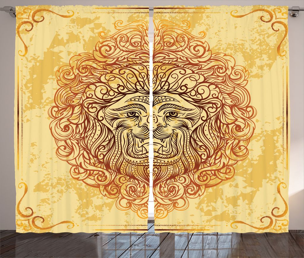 ABAKUHAUS Safari Rustikaler Gardine, Lion Tierkreis-Astrologie, Schlafzimmer Kräuselband Vorhang mit Schlaufen und Haken, 280 x 245 cm, Gelb Orange