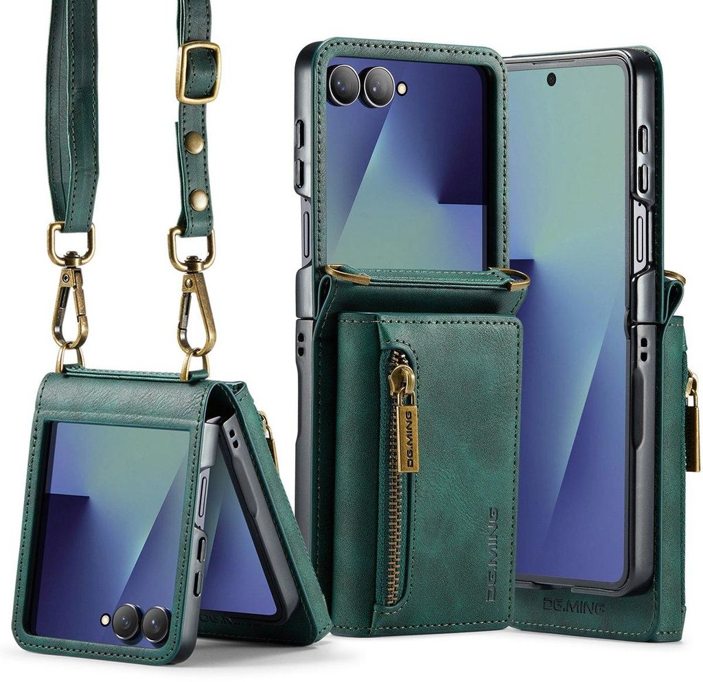 Stravo × DG.MING Lederhülle für Samsung Galaxy Z Flip 7 – Kartenfach, Schultergurt verstellbar, robust & langlebig – Grün