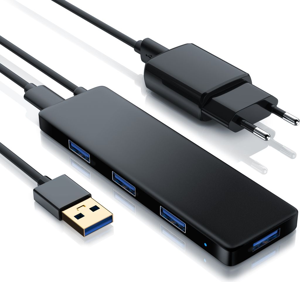Primewire USB 3.2 Hub mit Netzteil, Ultra Slim 4-Port Verteiler, Datenhub für PC PS4 Notebook Netbook Laptop Ultrabook Tablet-PC MacBook, Bus-Powe...