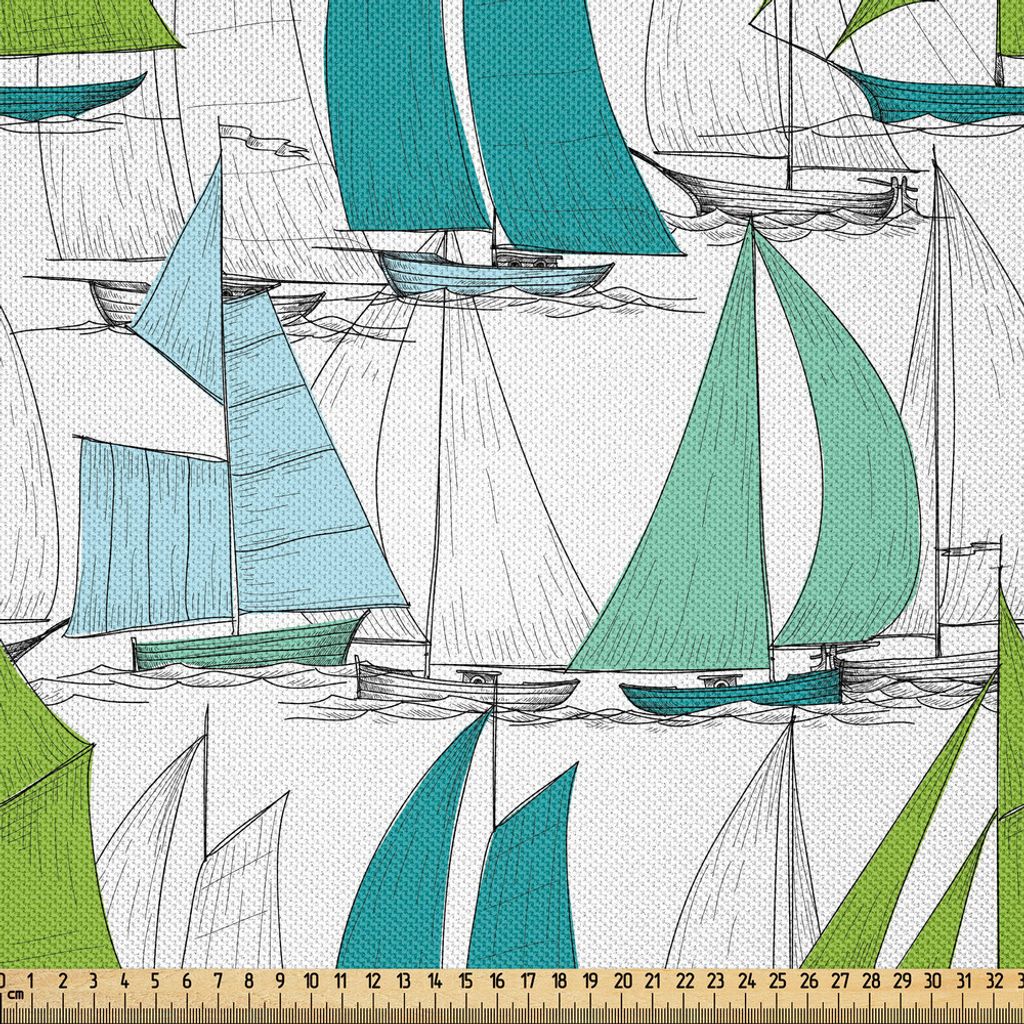 ABAKUHAUS Nautisch Satin Stoff als Meterware, Segelboote auf dem Ozean, der Küstenthema-Meeresleben-buntes Maritime surft, 2 M (148 x 200 cm), Meh...