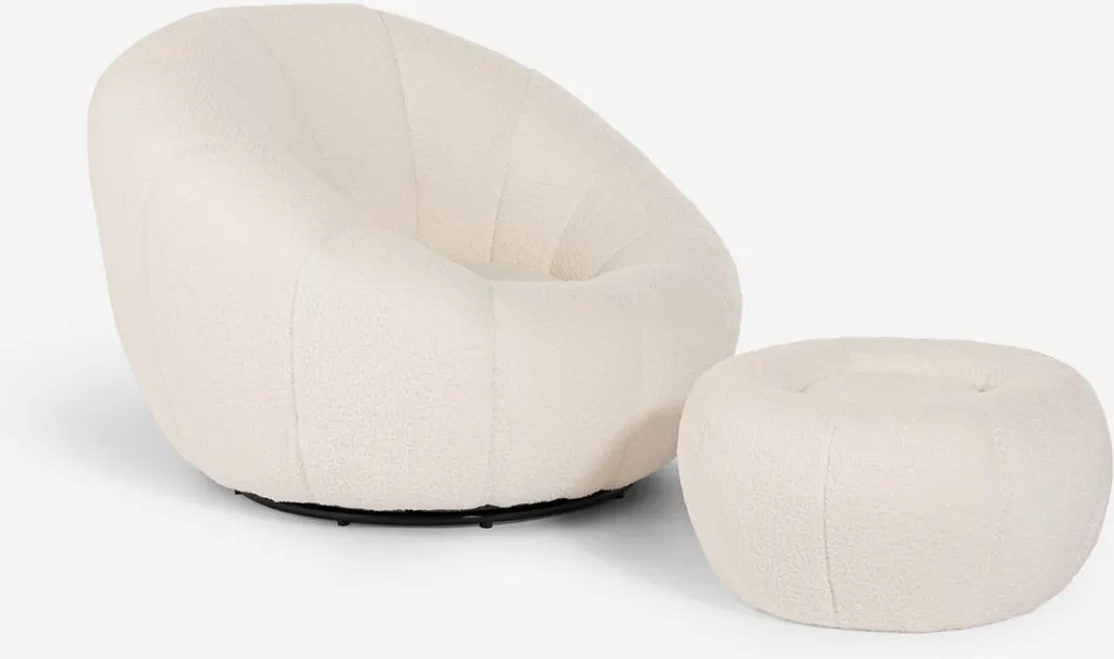 Fauteuil pivotant bouclette Kuma blanc avec repose-pieds confort premium