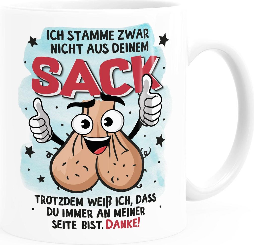 Kaffee-Tasse Geschenk für Bonus-Papa zum Vatertag Spruch lustig Stiefvater Ich stamme zwar nicht aus deinem Sack Moonworks weiß standard