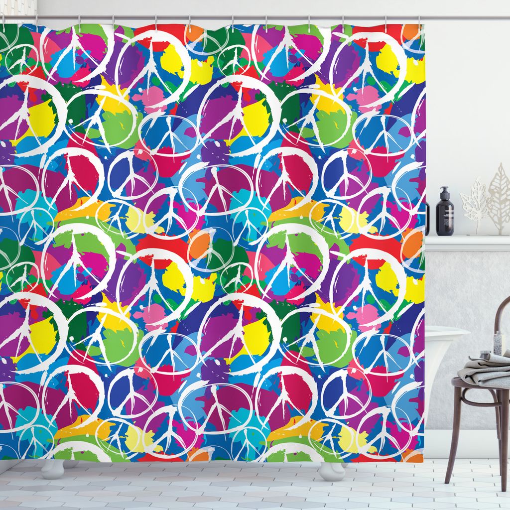 ABAKUHAUS Hippie Duschvorhang, Friedensaktivismus Thema, Wasser Blickdicht inkl.12 Ringe Langhaltig Bakterie und Schimmel Resistent, 175 x 200 cm, ...