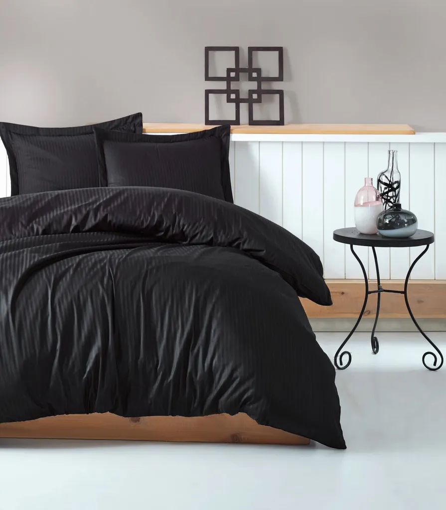 Housse de couette satin de coton anti-froissage noir Stripe CTN3496