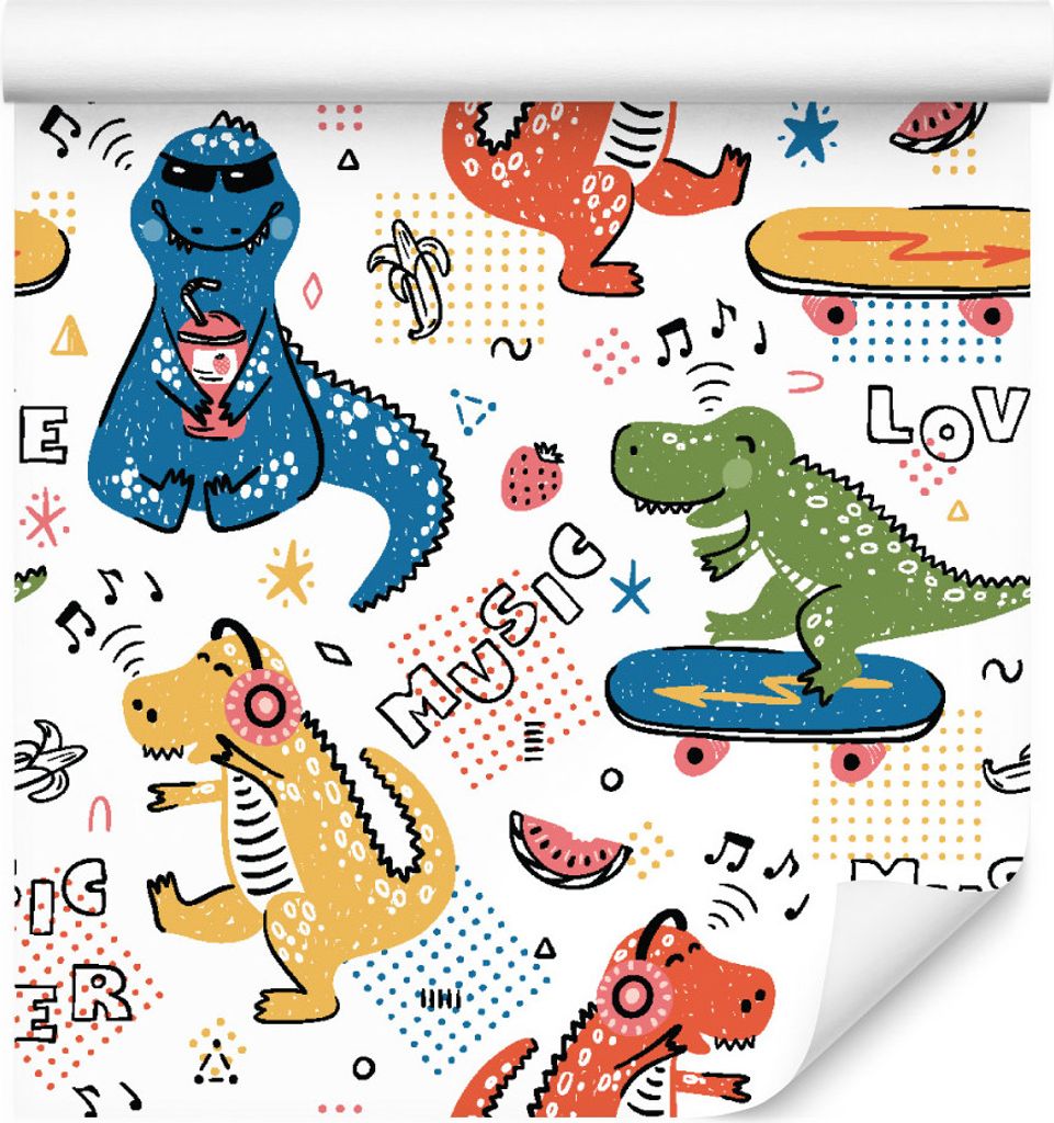 10m VLIES TAPETE Rolle Kinderzimmer Dinosaurier Skateboards Bananen XXL