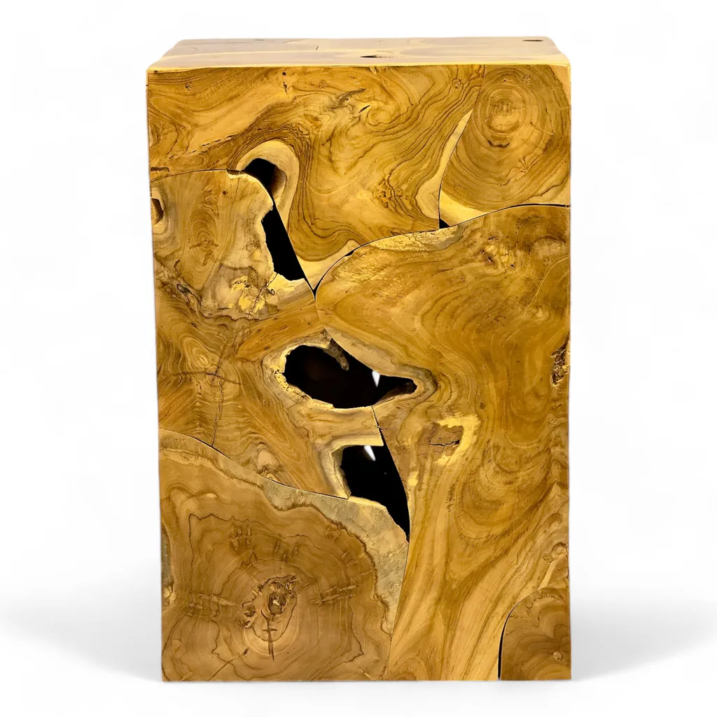 Table d'appoint artisanale en bois massif - Mosaïque géométrique unique