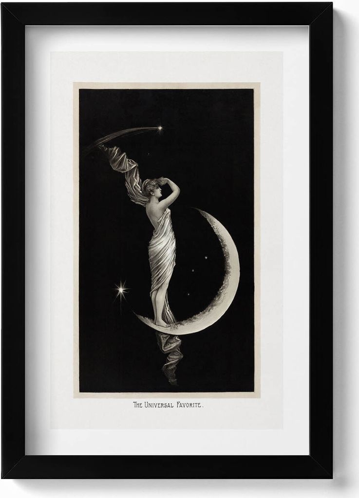 Frau und Mond Vintage-Illustration– Wandbild mit Rahmen – Gerahmtes Bild – Wanddekoration – 20x30 cm – Schwarz