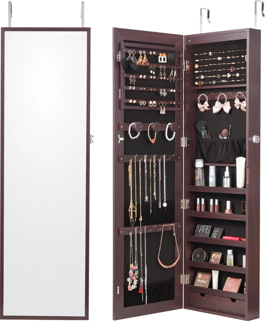 Armoire bijoux avec grand miroir 1,2m rangement optimisé bois brun mat
