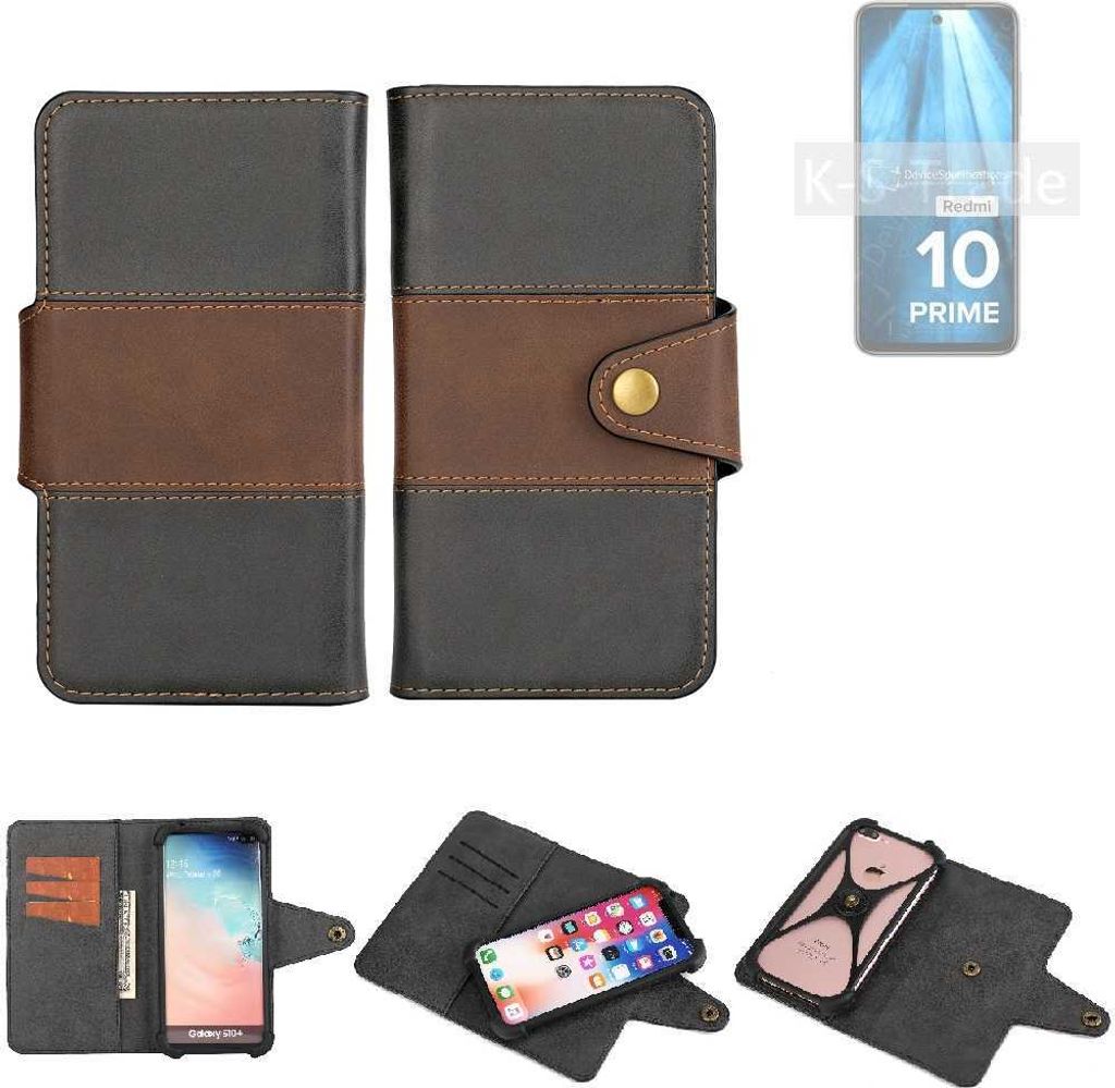 K-S-Trade Handyhülle Schutzhülle Hülle Bookstyle Wallet-Case kompatibel mit Xiaomi Redmi 10 Prime 2022 Bumper Rundumschutz schwarz-braun 1x