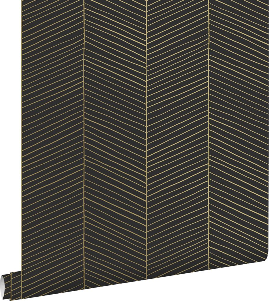 ESTAhome Tapete Fischgrätmuster Schwarz und Gold 53 cm x 10.05 m