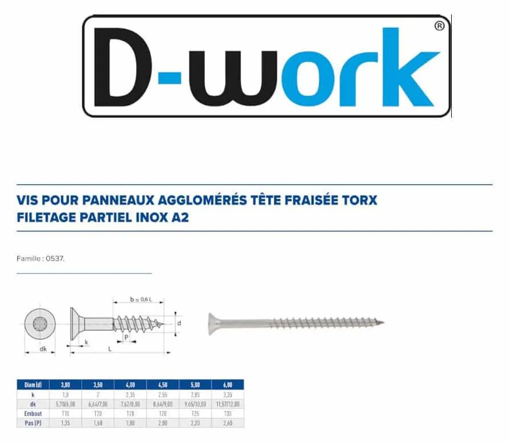 Vis bois et agglo Inox A2 filetage partiel 6x110 mm Torx T30 D-Work