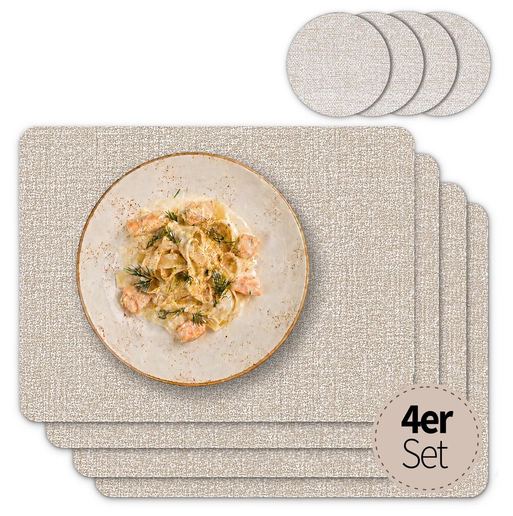 Tischsets mit Glasuntersetzer 4er Set Beige Leinen Stoff-Optik
