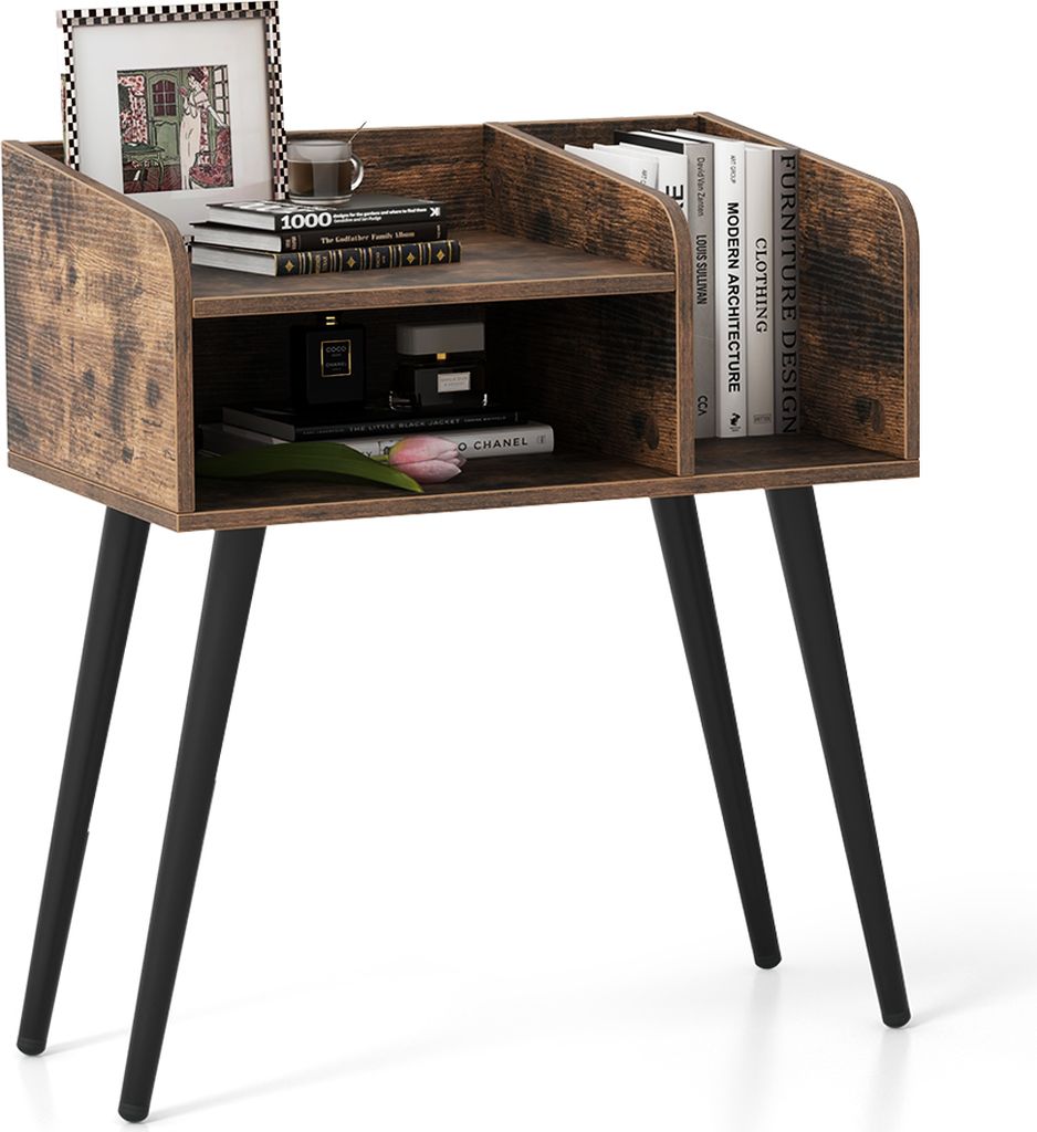 KOMFOTTEU Nachttisch mit offenen Regalen, Beistelltisch 50 x 32 x 58 cm mit Metallbeinen, schmaler Nachtkonsole für Schlafzimmer Wohnzimmer (1, In...